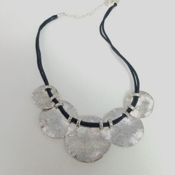 Vintage Chunky Silver Tone Disc Collar Necklace, Statement, Black Cord Setting - Picture 3 of 6